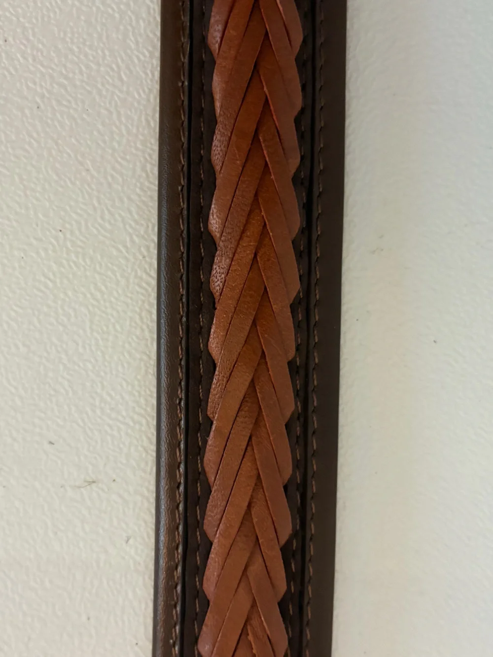 Vintage Brown Woven Leather Belt Two Tone Braided Inlay Mexico Gold Buckle Sz 38